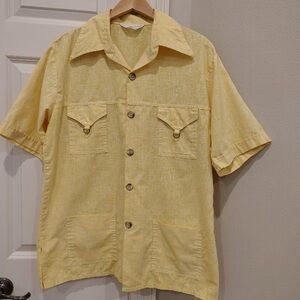Yellow Linen Button Down Beach Polo Shirt Mens XL Luxury Casual Pockets Dadcore